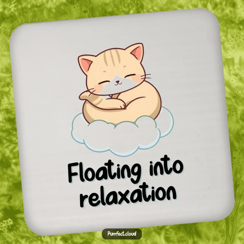 Funny coaster featuring a cat peacefully curled up, gently carried by a floating cloud, adding serene charm and calm to any beverage.