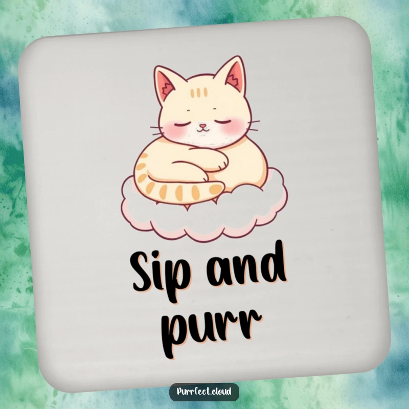Funny drink coasters featuring a content cat curled up on a cloud, purring, adding peaceful humor and protecting surfaces.