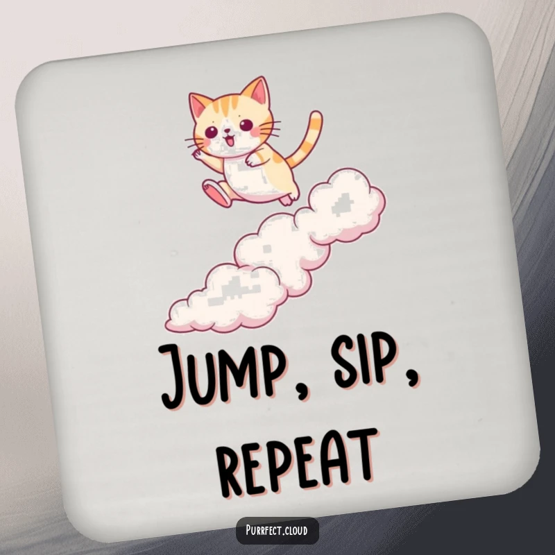 Funny cat coaster with a cat jumping between clouds with agility, protecting surfaces with daring style, a great funny gift.