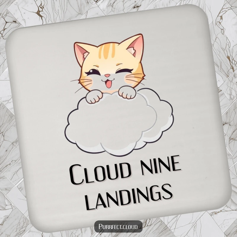 Funny cat coaster depicting a mischievous cat playfully pouncing on a soft, ethereal cloud.