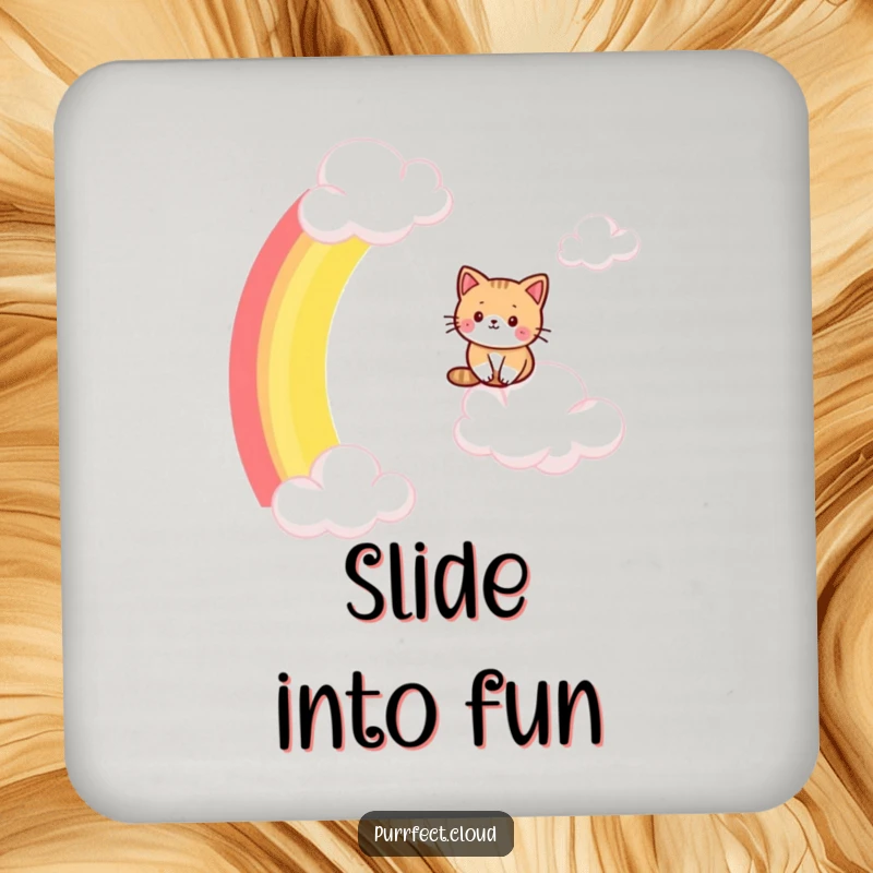 Funny cat coaster, a design of a cat sliding down a rainbow, protecting surfaces with whimsical charm.