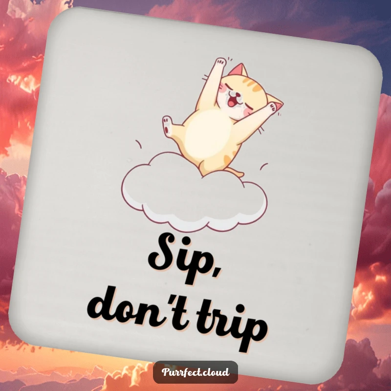 Funny drink coaster with a cat hilariously attempting a clumsy somersault on a bouncy cloud, adding humor and surface protection.