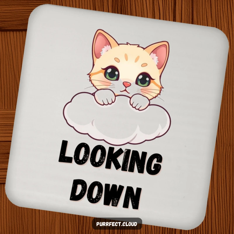 Funny drink coaster set with a cat peeking over a cloud, protecting surfaces with humorous feline charm.