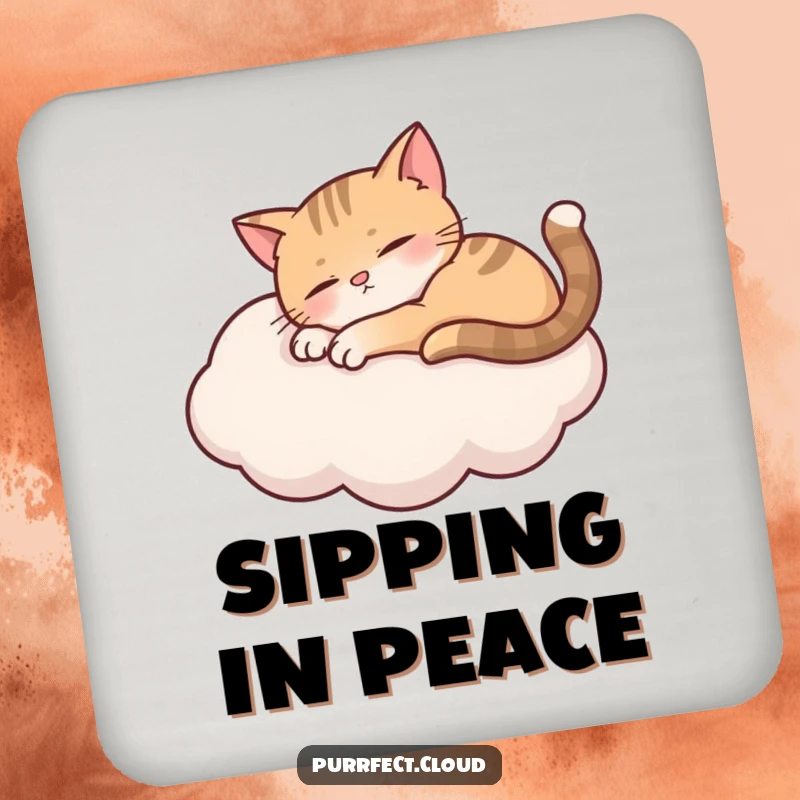 Funny curious cat peering over a cloud with wide eyes, a humorous drink coaster for the curious.