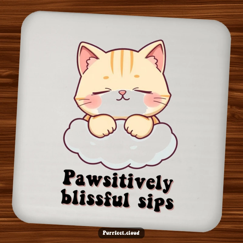 Funny coaster depicting a contented cat purring on a cloud, adding humorous charm and surface protection to any table.