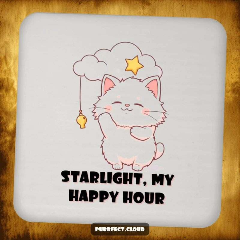 Funny fluffy cat character batting at a dangling star from a cloud, this drink coaster adds whimsical protection.