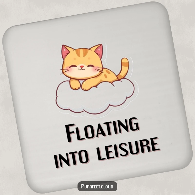 A ginger cat character peacefully floating on a cloud, featured on a protective and funny drink coaster.