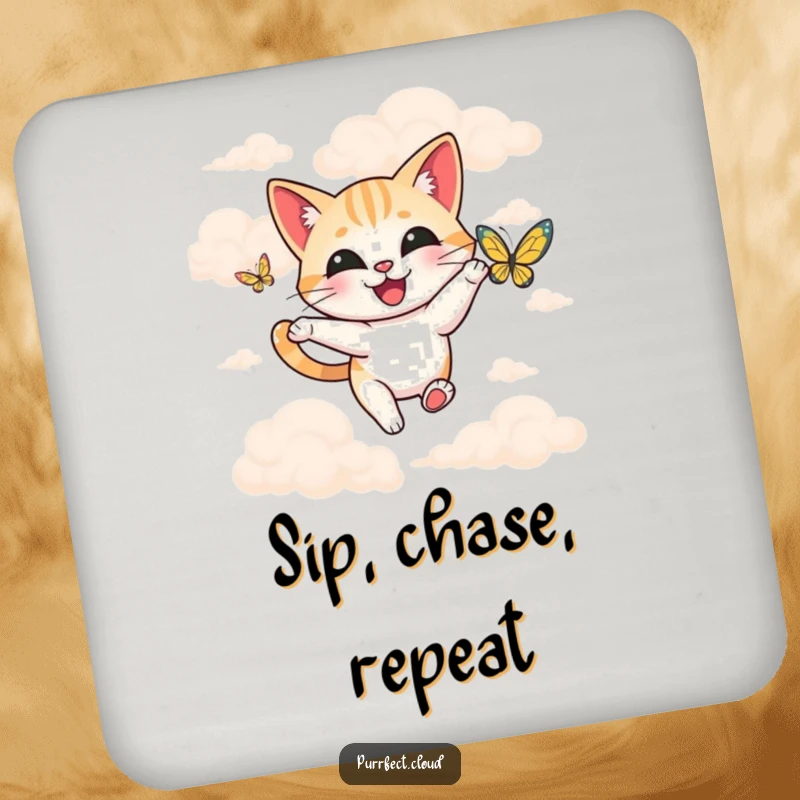Funny happy cat chasing a butterfly among soft clouds, illustrated on a drink coaster.