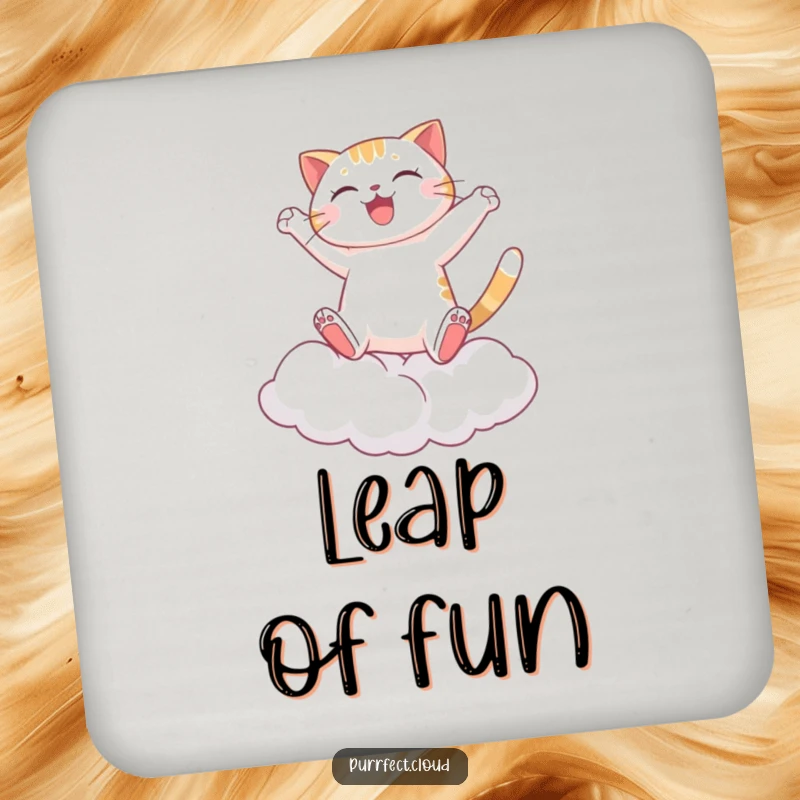 Funny Cat Coaster, a joyful cat leaping between clouds, providing playful and fun protection for tables, an energetic accessory.