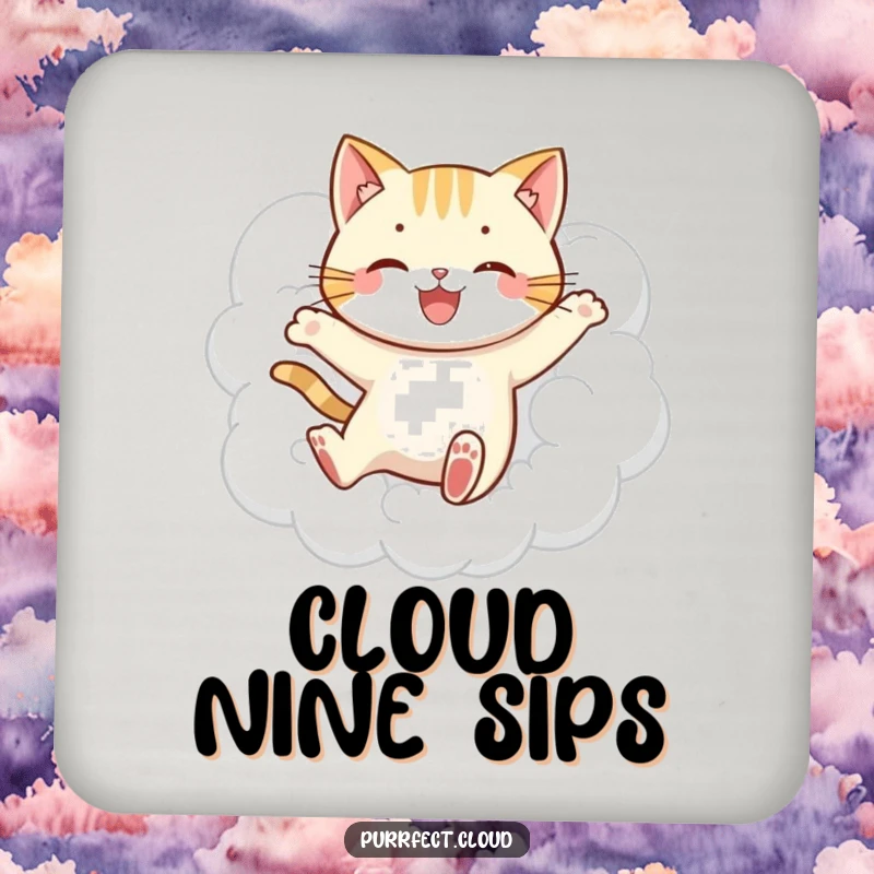 Funny jumping cat cloud coasters, showing a playful cat leaping through clouds, offering surface protection with whimsical charm, a great gift.
