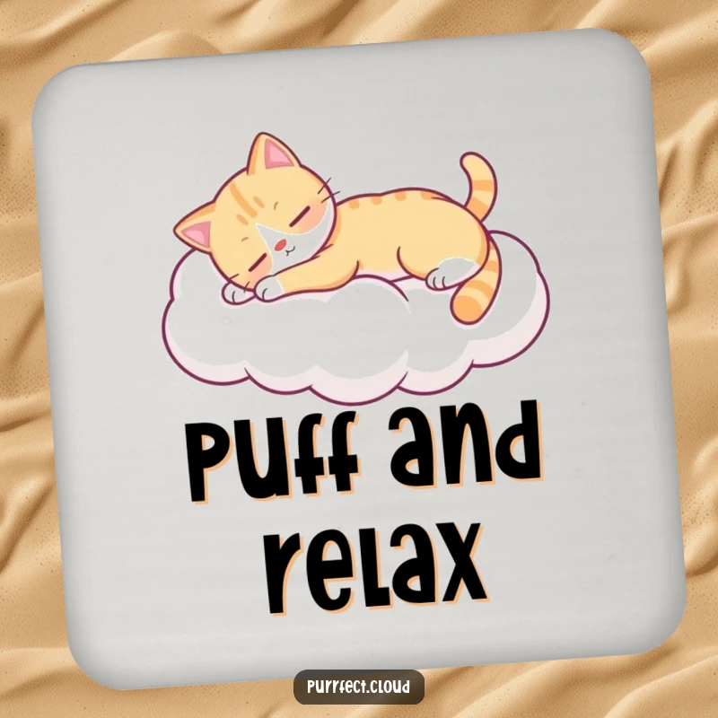 Funny cat stretching on a cloud, absorbent coasters, excellent funny gift for home decor.