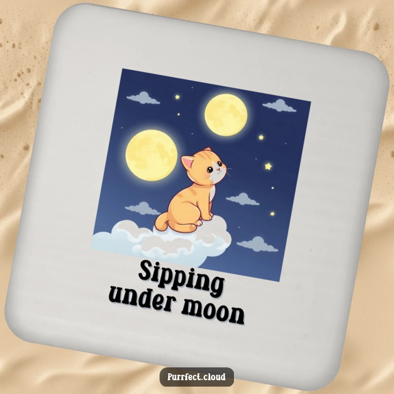 Funny cat coaster, a cat gazes at the moon from a cloud, protecting surfaces with cosmic flair.