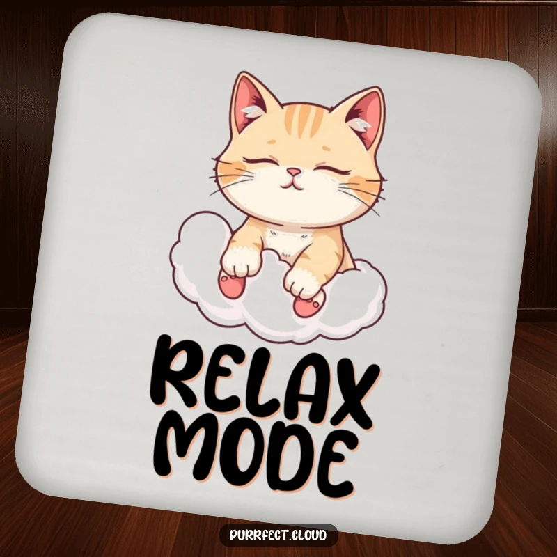 Funny cat coaster, with closed eyes, enjoying a cloud ride, adds serene charm to tables.