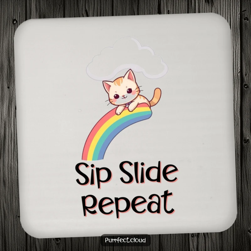Funny drink coaster with a cat sliding down a colorful rainbow from a cloud, offering playful surface protection.