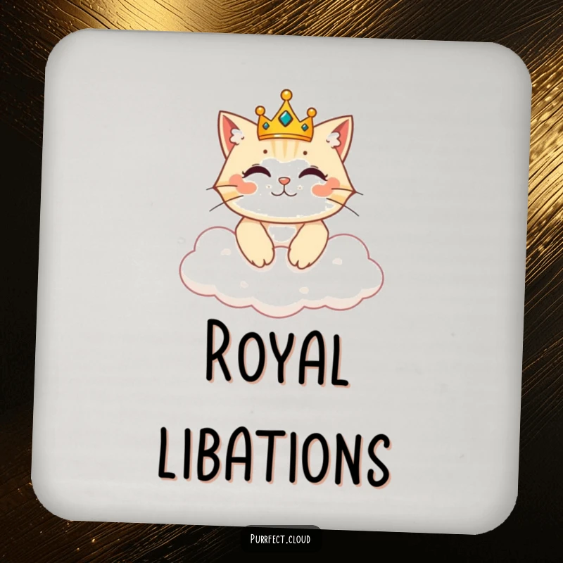 Funny drink coaster with a cat sporting a tiny crown, reigning from a cloud, offering regal surface protection.