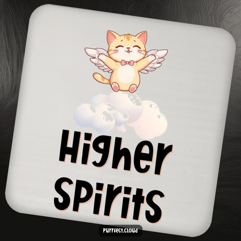 Funny angel cat coaster, with wings, soaring joyfully above clouds, adding heavenly charm to tables as a humorous gift.