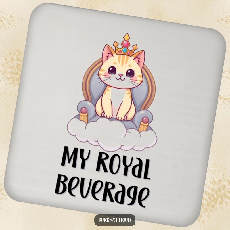 Funny cat coaster, a cat reigns from a cloud throne, protecting surfaces with royal humor.