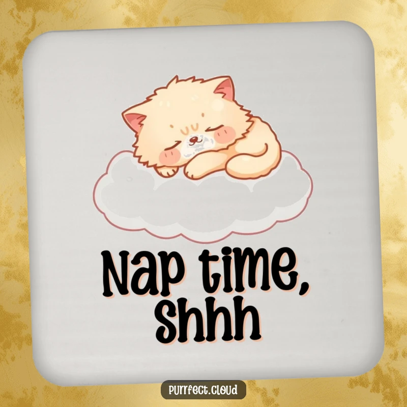 Funny cat coaster with a sleeping cat on a cloud, protecting surfaces with whimsical charm, a great funny gift.