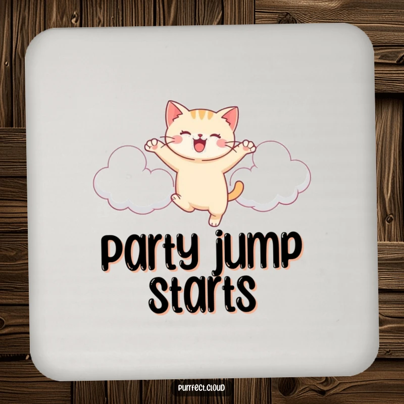Funny Cat Cloud Coaster, a cat leaps between clouds, energetic and joyful, protects surfaces, cute decor.