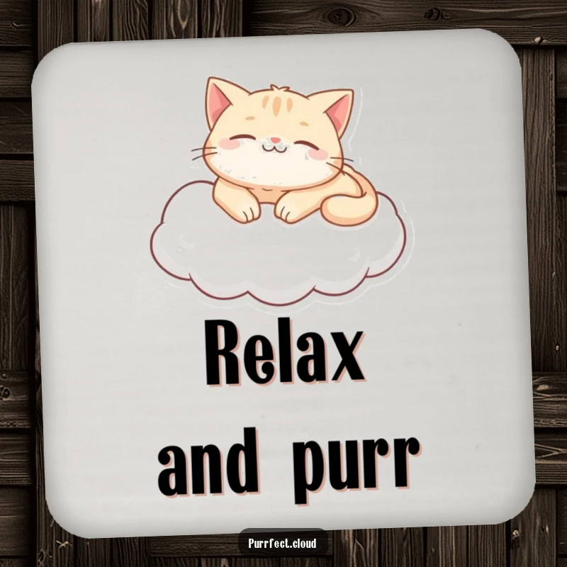 Funny purring cat cloud coasters, showing a content cat lounging on a cloud, offering surface protection with serene charm, a great gift.