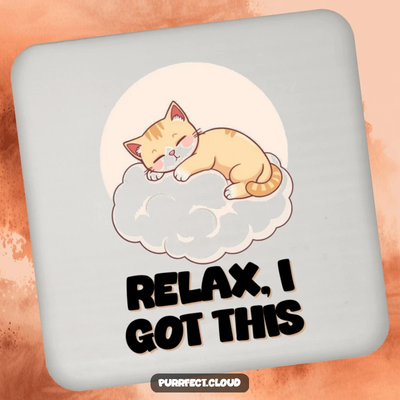 Funny Cat Cloud Coaster, a cat stretches on a pink cloud, content and relaxed, protects surfaces, cute decor.