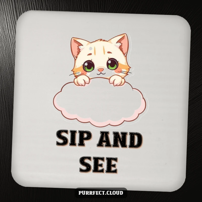 Funny curious cat cloud coasters, showing a cat peeking over a cloud with wide eyes, offering surface protection with whimsical charm, a great gift.