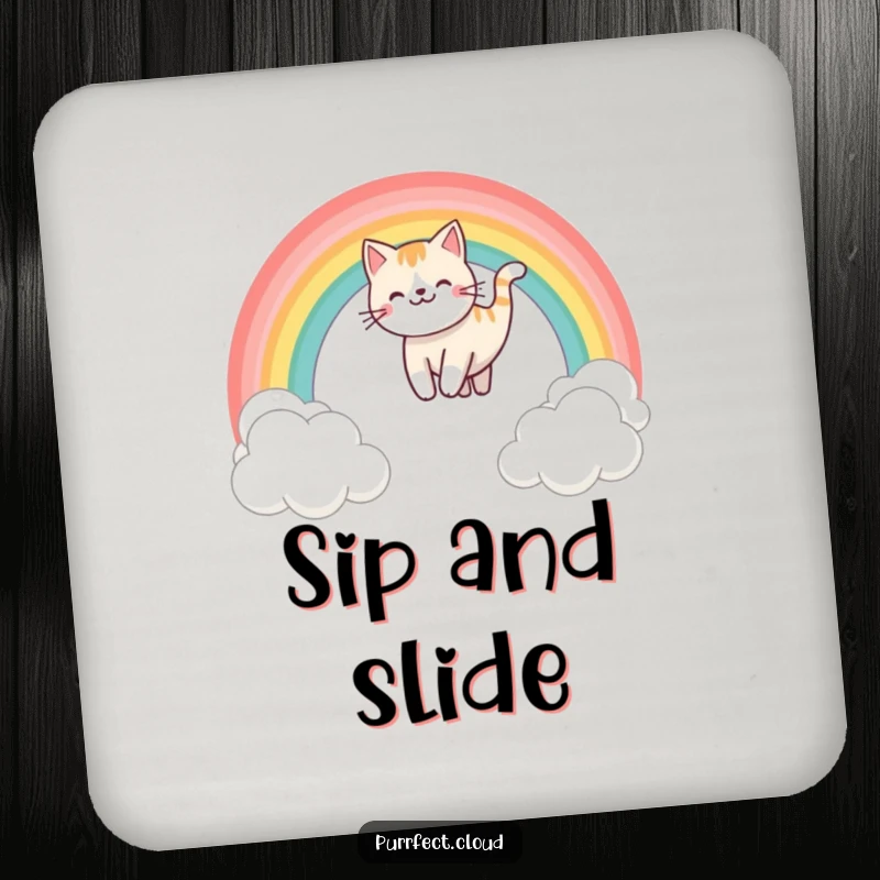 Funny rainbow sliding cat coasters, showing a cat sliding down a rainbow above clouds, offering surface protection with whimsical charm, a great gift.