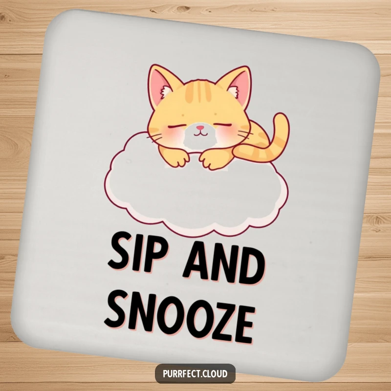 Funny napping cat coasters featuring a content cat sleeping on a fluffy cloud, protecting surfaces with serene feline charm.