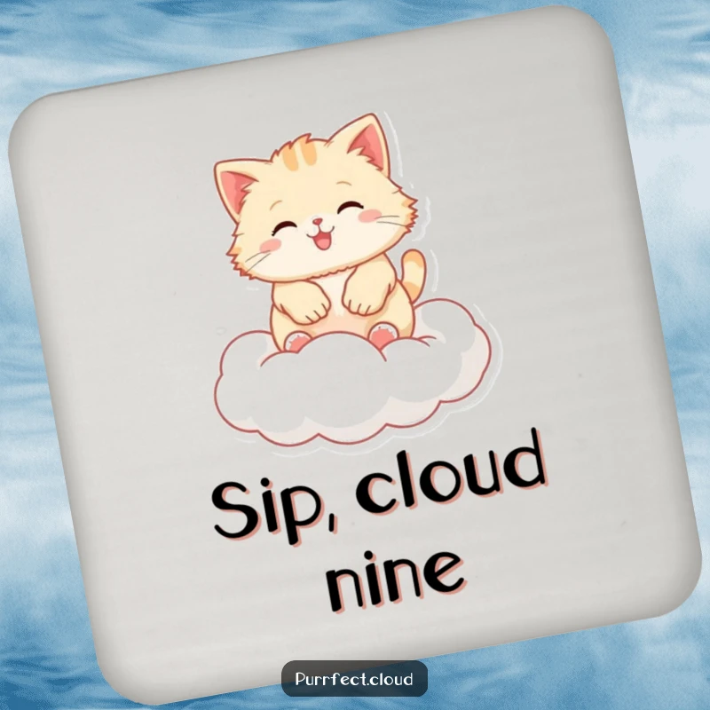Funny fluffy cat drink coaster, showing a cat joyfully bouncing on a cloud, adding humor to drinks.