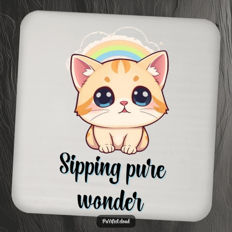 Funny Cat Rainbow Coaster, a cat looks at a rainbow from a cloud, awestruck, protects surfaces, cute decor.