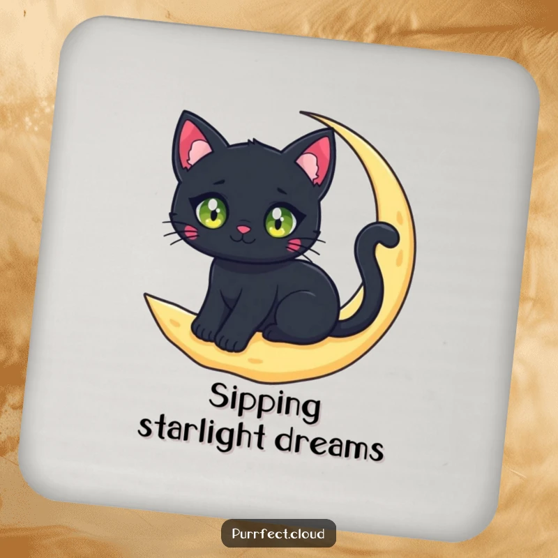 A black cat character with sparkling eyes sits on a crescent moon cloud, featured on a protective and funny drink coaster.