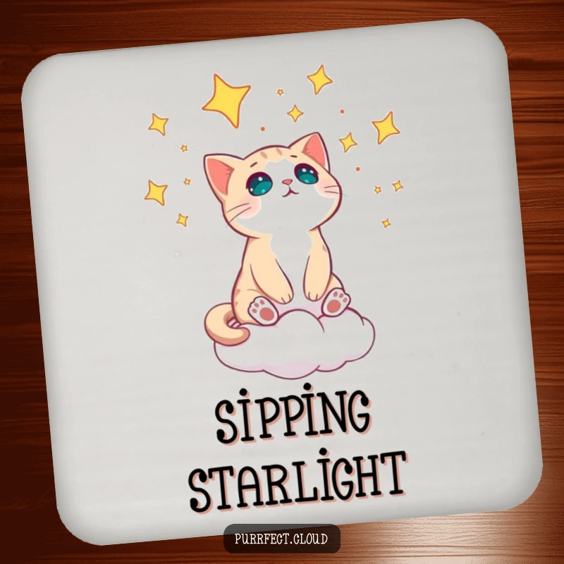 Funny cat on a cloud looking amazed at stars on a cute drink coaster.
