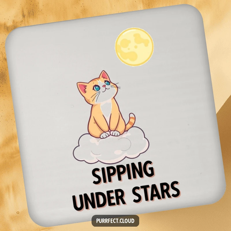 Funny coaster featuring a cat on a cloud looking at the moon, adding cosmic charm and surface protection with humor.