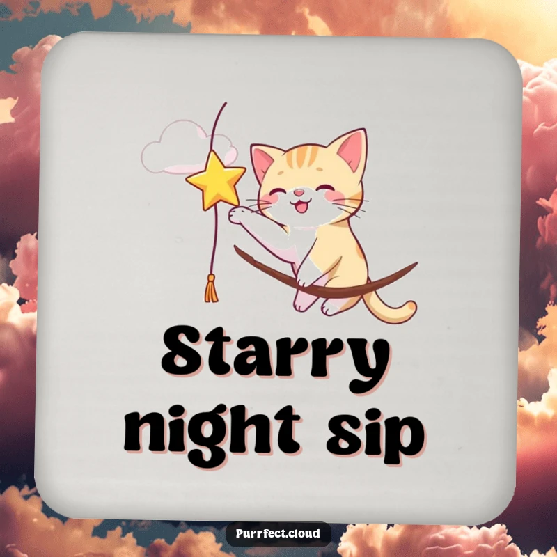 Funny cat reaching to bat a star from a cloud, protecting surfaces with humor on this drink coaster.