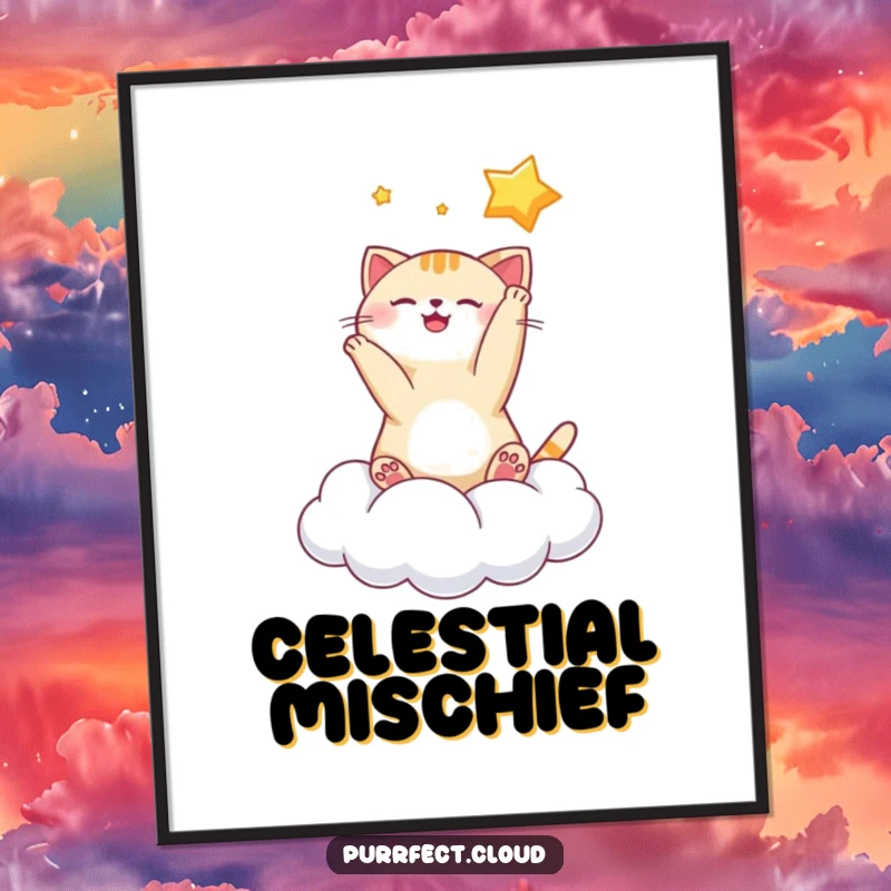Funny playful cat star poster depicting a cat batting at a star while sitting on a cloud, bringing whimsical celestial art to any room.