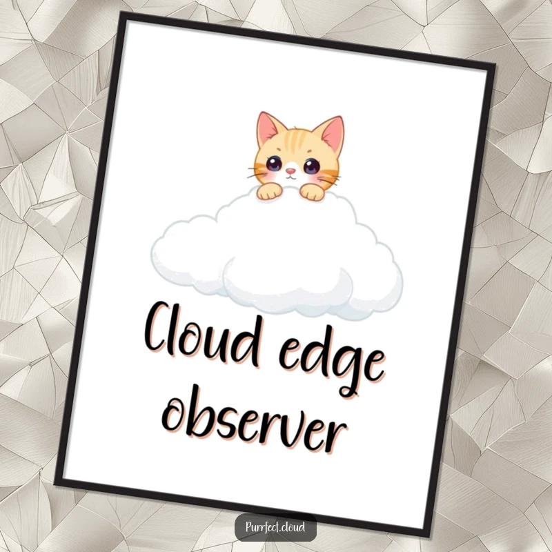 Funny curious cat cloud poster depicting a cat peering over the edge of a cumulus cloud, bringing whimsical feline art to any room.