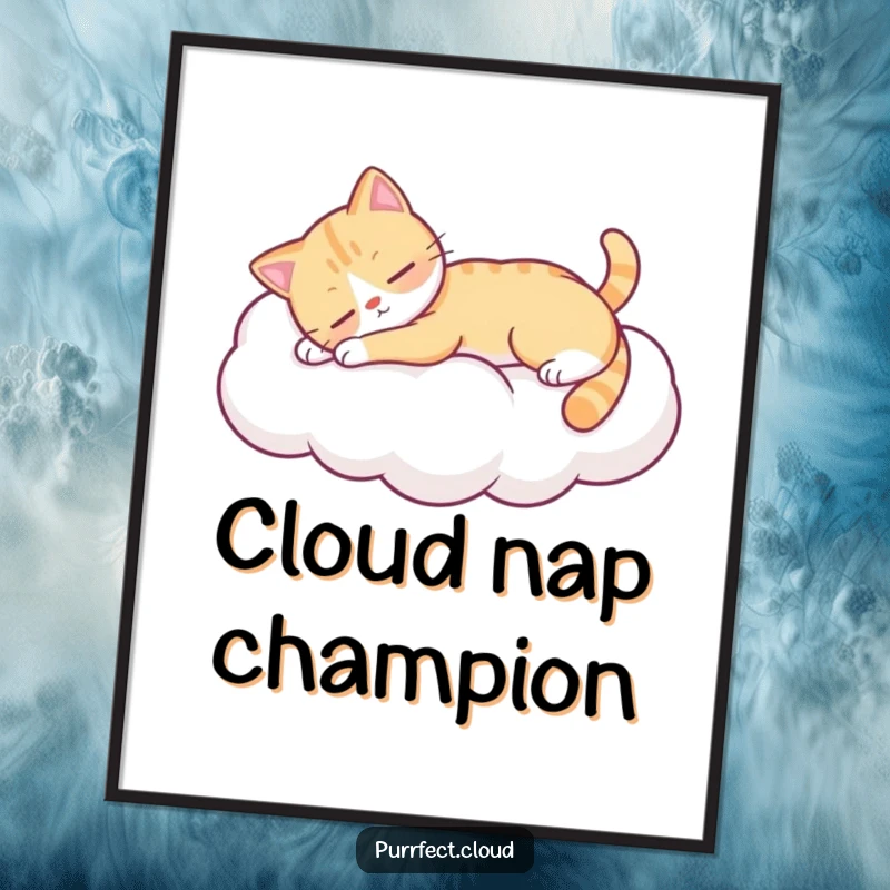Funny cat stretching on a soft cloud, calming wall art, beautiful funny gift for relaxation enthusiasts.
