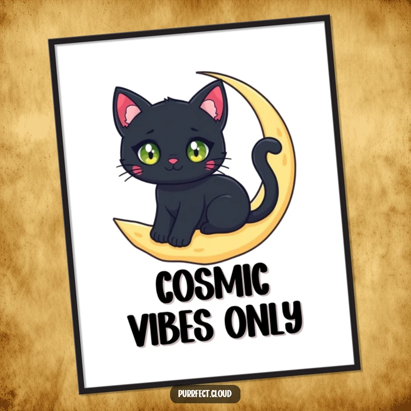 Funny black cat character with sparkling eyes sitting on a crescent moon cloud, displayed on a magical and funny digital art print.