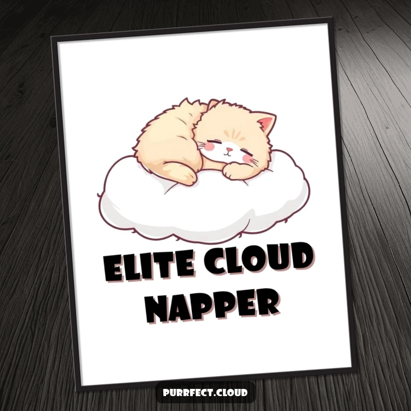 Funny Cat Napping Poster, a cat sleeps on a cloud, serene and adorable wall art, perfect for cat lovers.