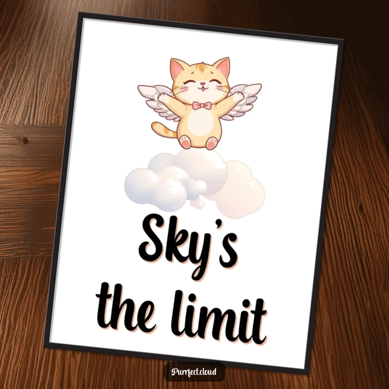 Funny angel cat poster, with wings, soaring joyfully above clouds, symbolizing peace and humor, a beautiful gift.