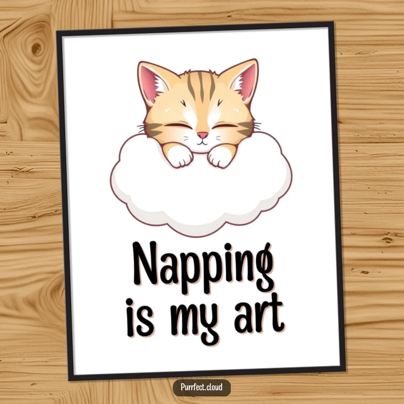 Funny Cat Poster: A wide-eyed cat in a peaceful slumber on a soft cloud, creating a humorous and serene art piece for your walls. A funny gift.