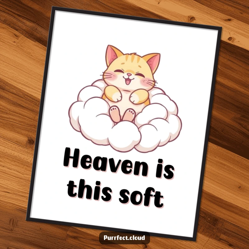 Funny poster of a happy cat joyfully rolling in soft, fluffy clouds, capturing a moment of pure bliss and whimsical feline delight.
