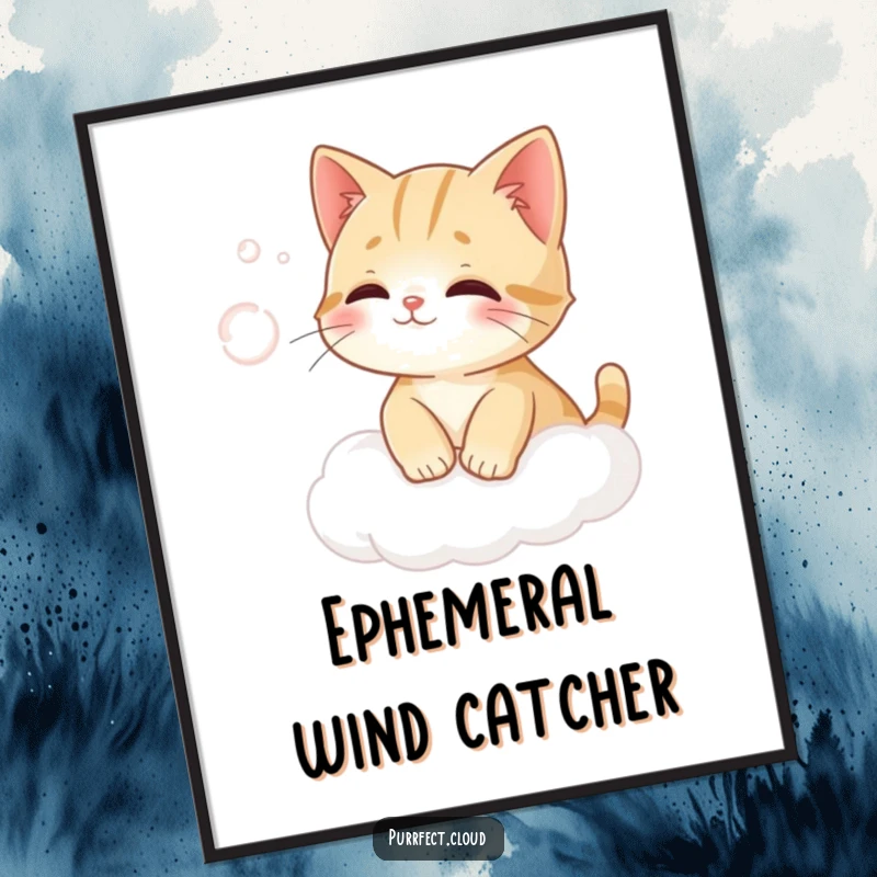 Funny cat on a cloud comically trying to catch a puff of wind in a whimsical art print.