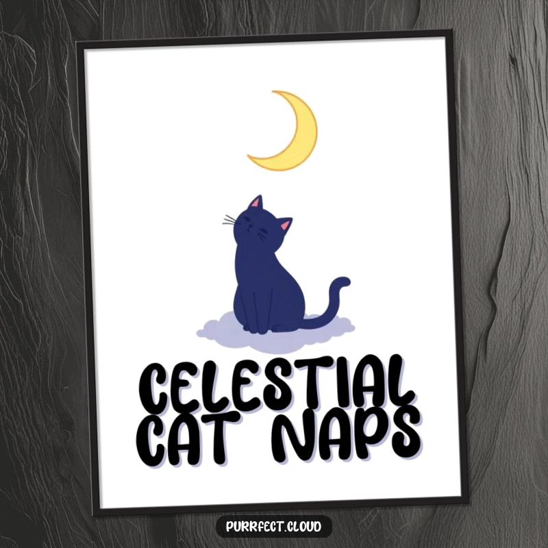 Funny cat silhouette poster depicting a cat on a cloud looking up at a crescent moon, adding peaceful and magical art to walls.