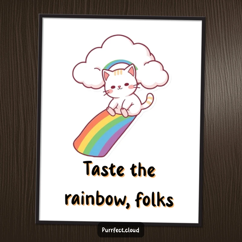 Funny cat character slides down a vibrant rainbow from a cloud, creating a magical and uplifting scene in this colorful poster art.