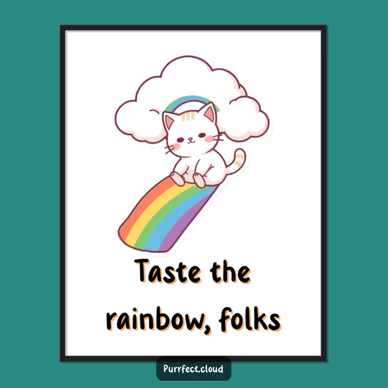 Funny Cat Rainbow Slide Art Print - Whimsical Cloud Adventure Decor