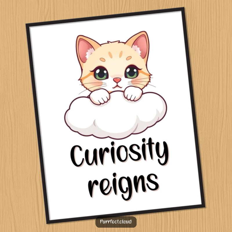 Funny poster featuring a cat's curious face peeking from behind a cloud, excellent humorous wall decor.