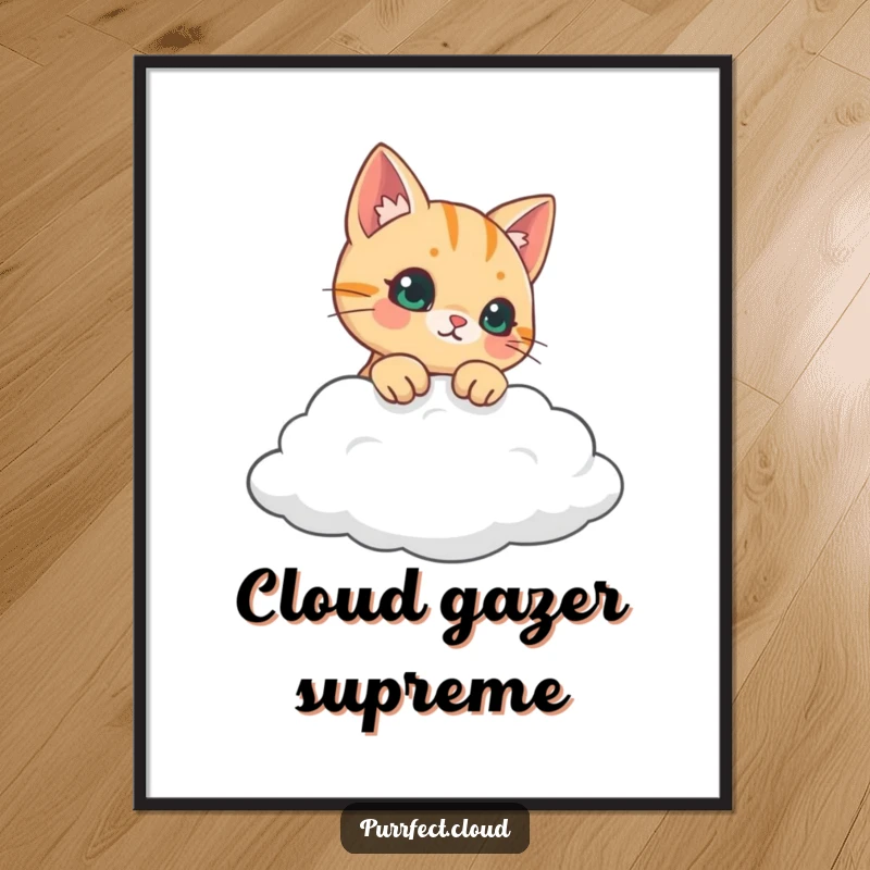 Funny curious cat peeking over a serene cloud, captivating wall art, unique funny gift for cat admirers.