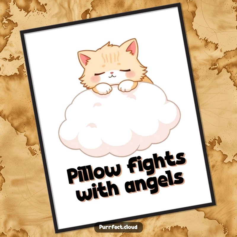 Funny Fluffy Cat Poster depicting a peaceful cat napping on a soft white cloud, a charming piece of humorous wall decor.
