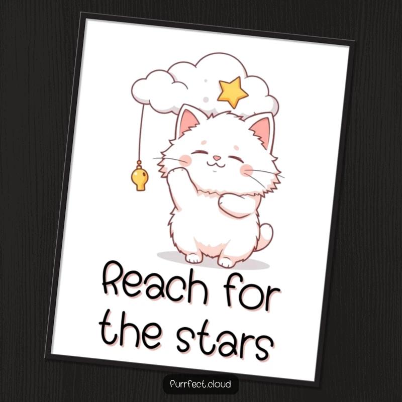 Funny fluffy cat character reaching for a star, set against a dreamy cloud background, a beautiful piece of whimsical art.